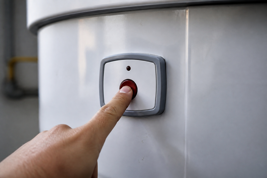 Doigt actionne bouton rouge panneau chauffe-eau