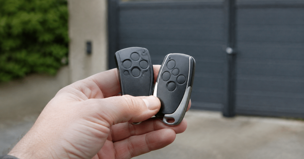 Personne tenant deux telecommandes de portail cote a cote