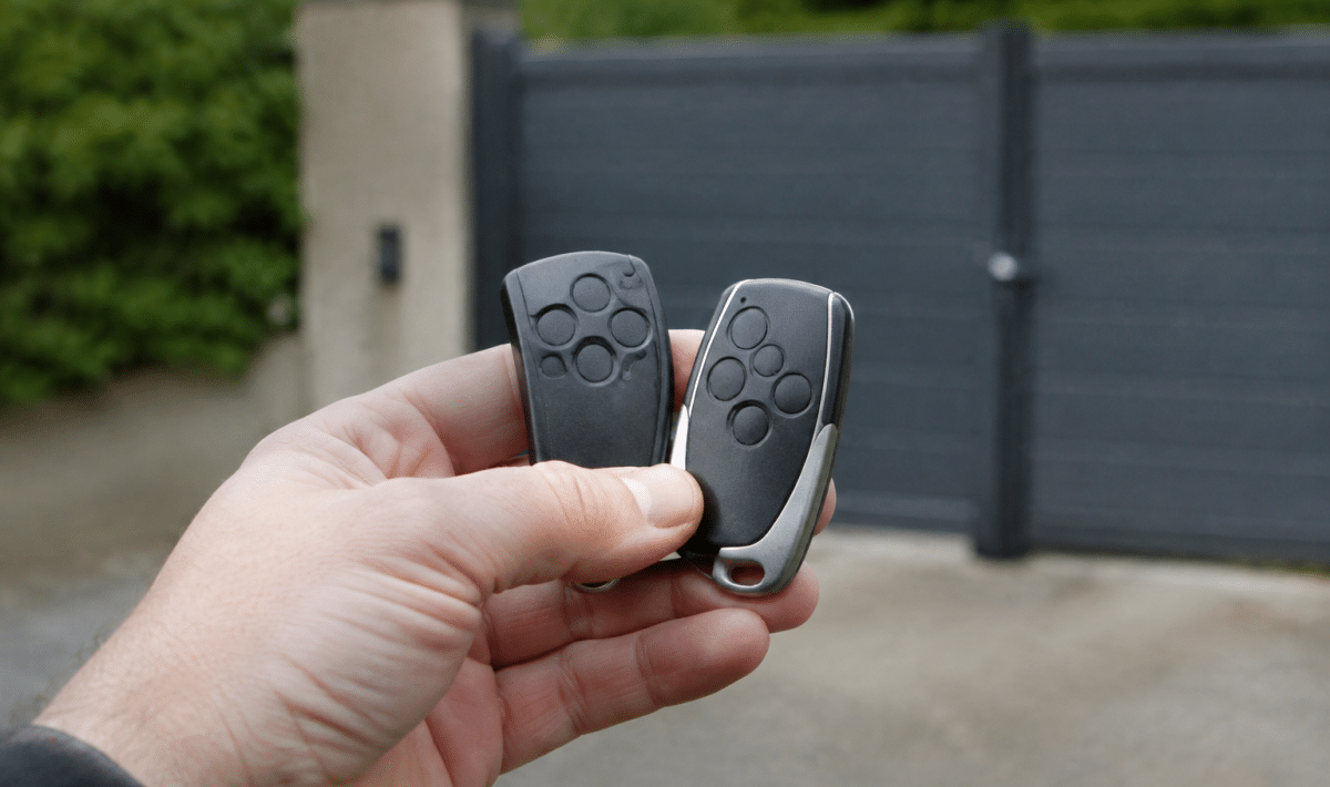 Personne tenant deux telecommandes de portail cote a cote