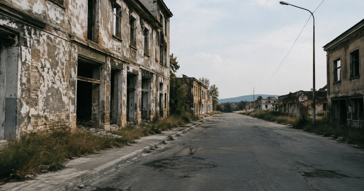 Rue urbaine degradee avec batiments abandonnes et routes desertes