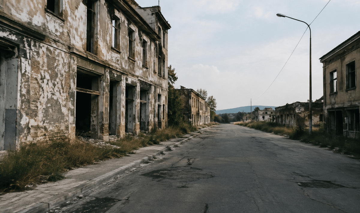Rue urbaine degradee avec batiments abandonnes et routes desertes