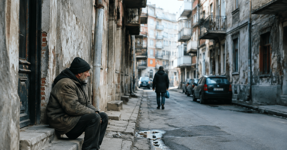 Rues urbaines délabrées avec immeubles dégradés et habitants isolés