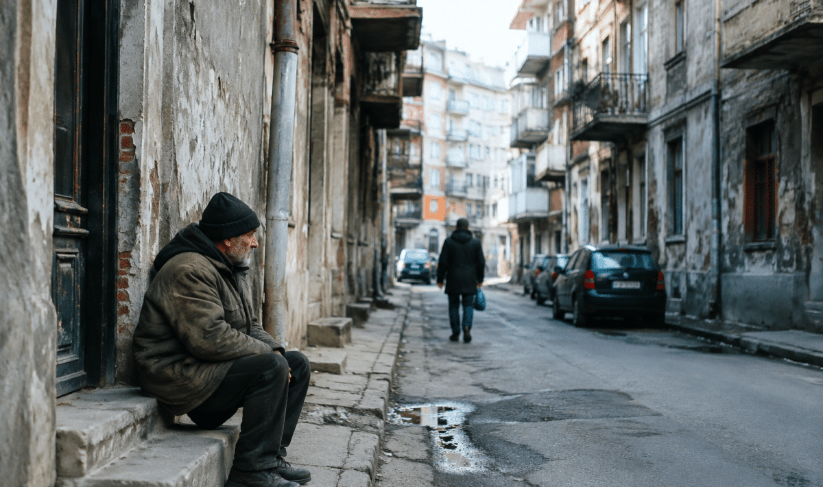 Rues urbaines délabrées avec immeubles dégradés et habitants isolés