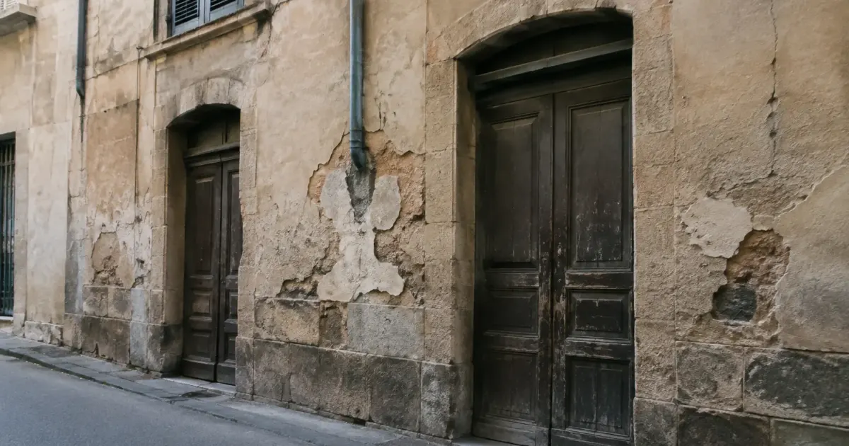 Batiment urbain aux murs endommages et portes fermees