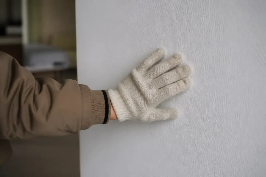 Main gantee frottant une cloison blanche avec grain fin