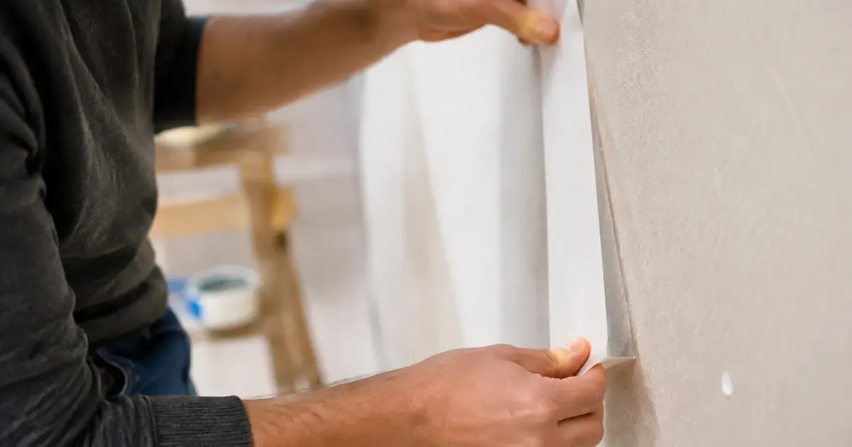 Mains travailleur tirent ruban blanc mur vertical