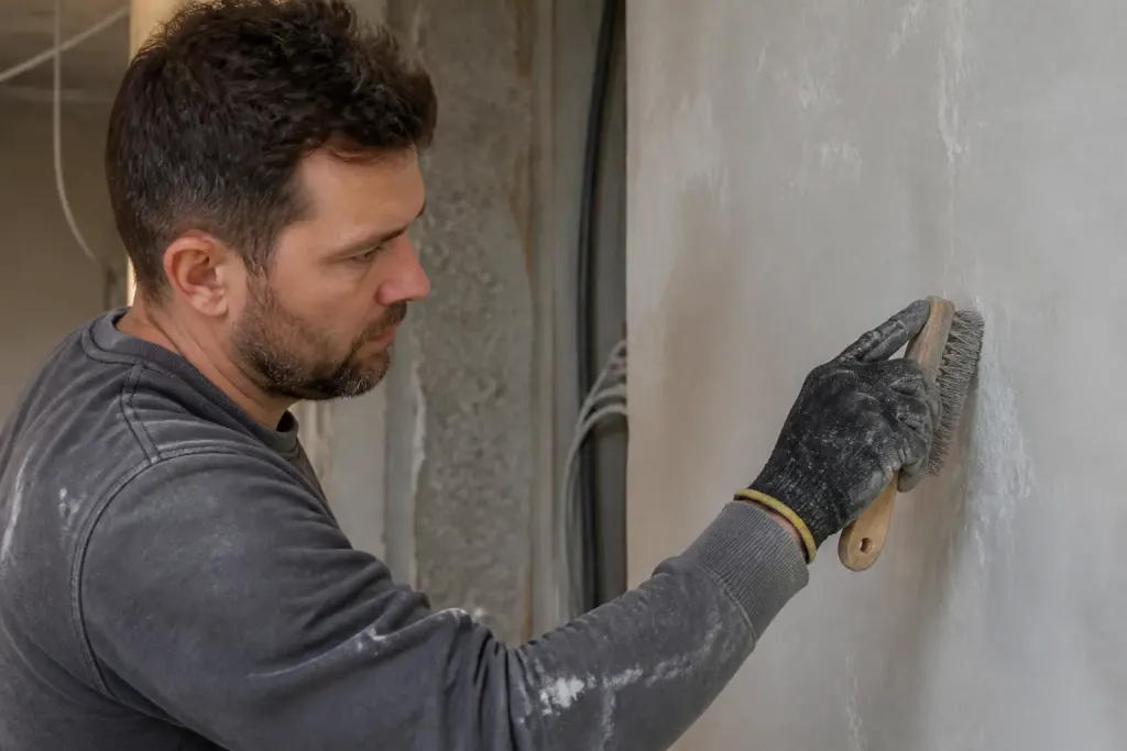 Ouvrier brossant une cloison grise avec une brosse metallique
