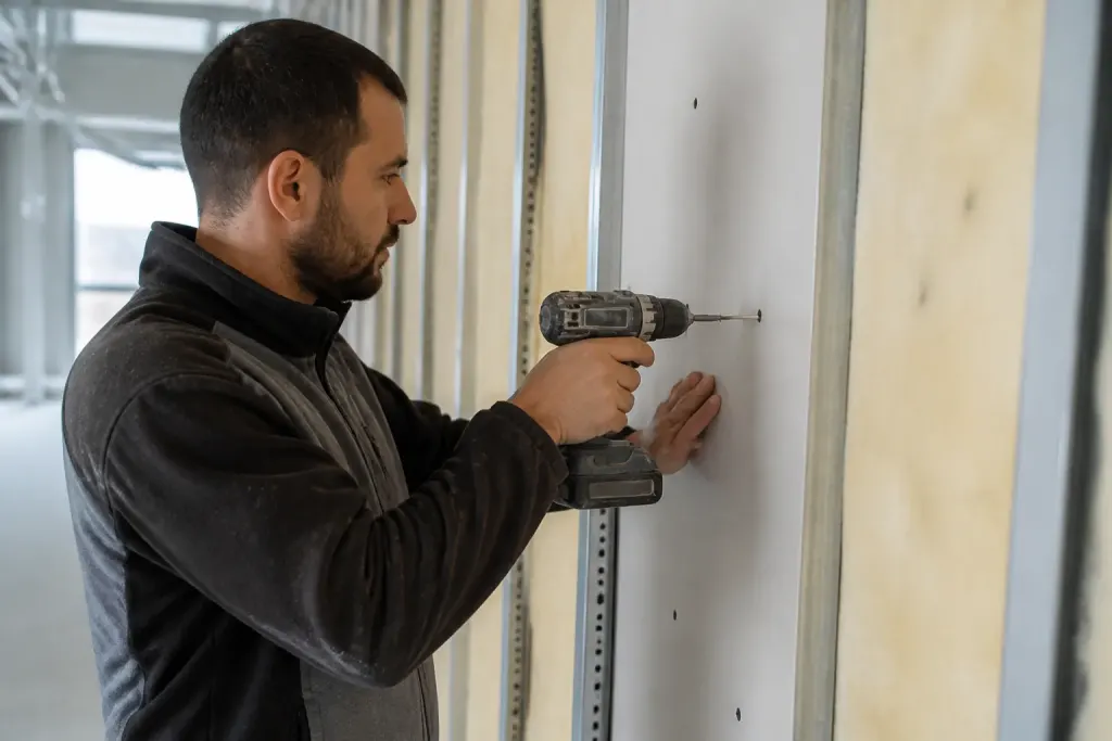 Ouvrier avec perceuse vissant une plaque sur montants