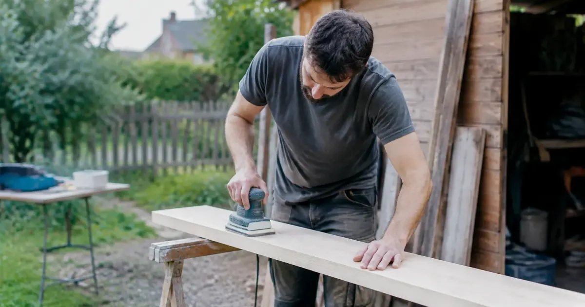 Ouvrier ponce un panneau de bois sur treteaux