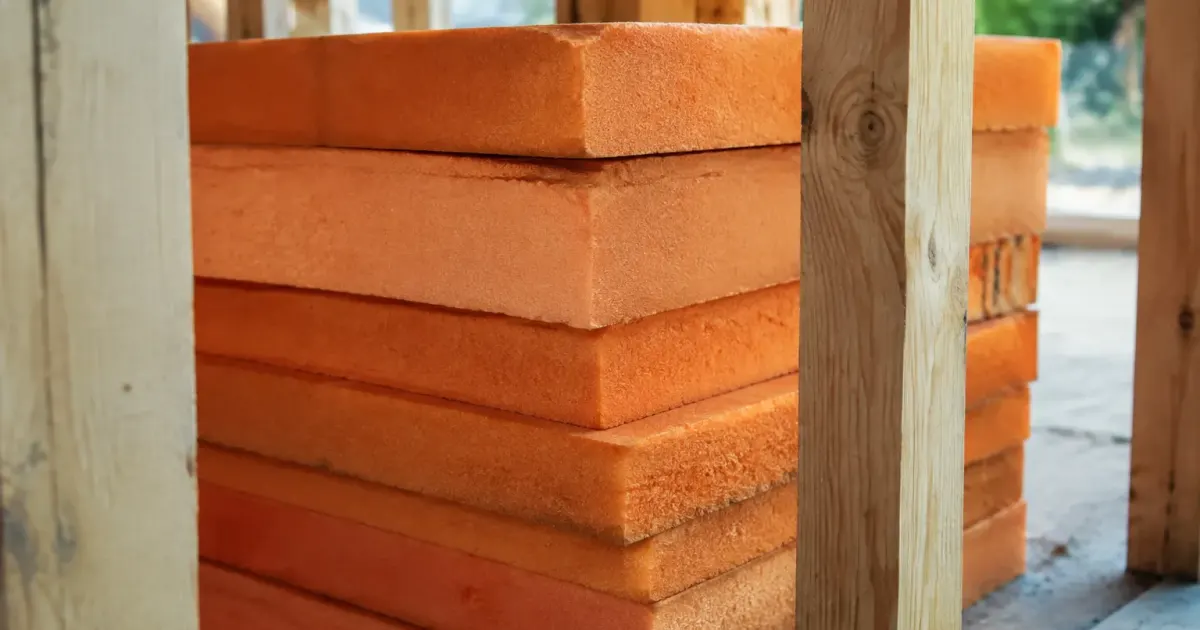 Panneaux fibre orange epaisses empiles entre montants bois