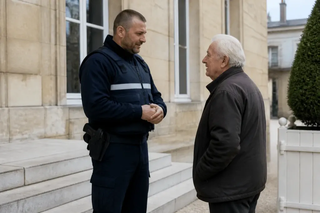 Policier municipal discutant avec un habitant devant la mairie