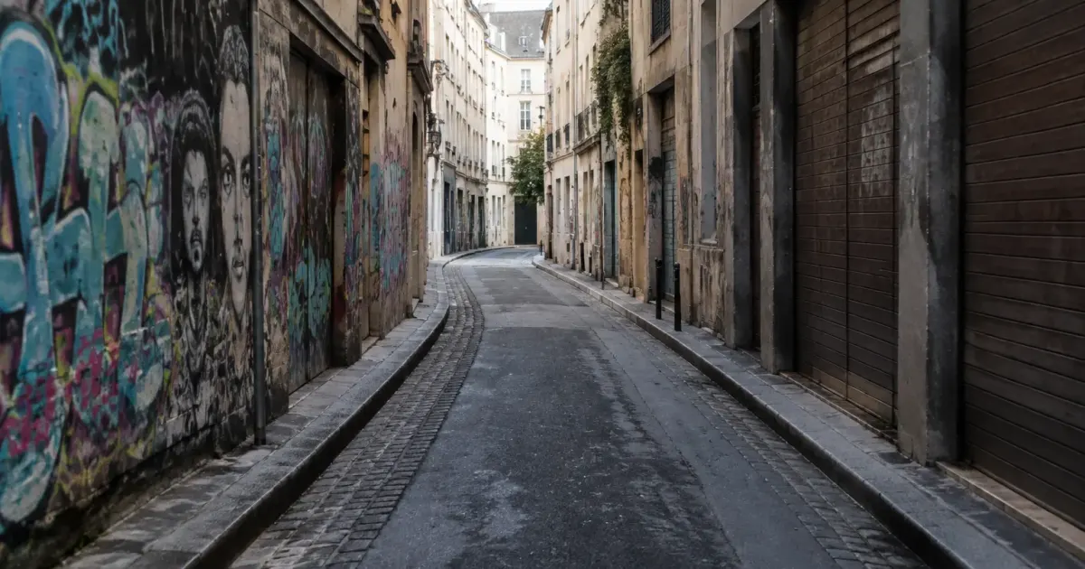 Rue deserte avec murs graffitis et batiments fermes