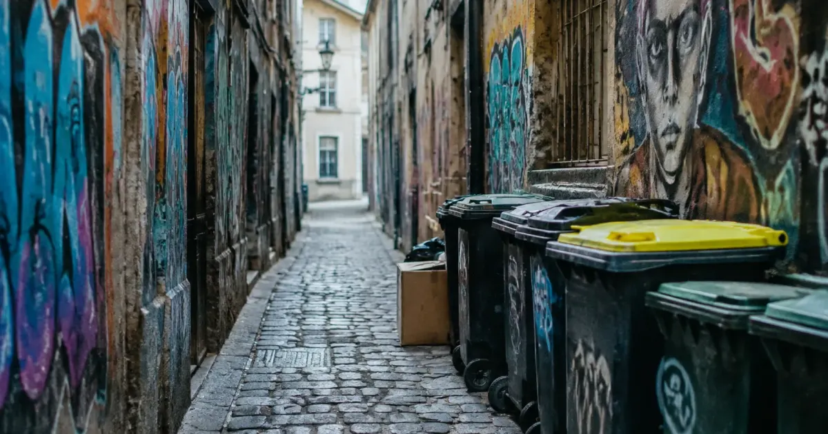 Rue étroite bordée de graffitis et de poubelles