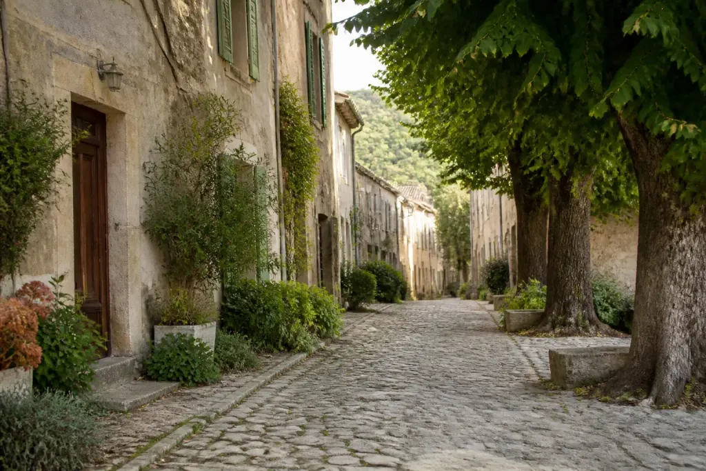 Rue pavee bordee de maisons anciennes et tilleuls