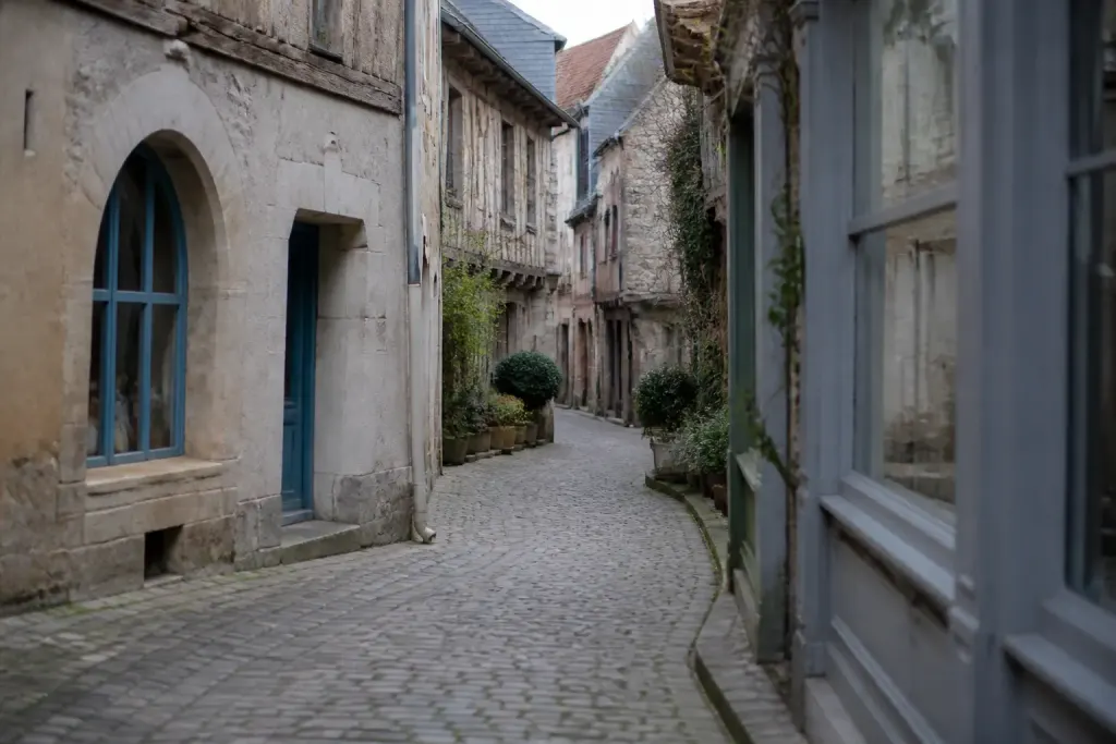 Petite rue pavee avec facades anciennes et boutiques locales