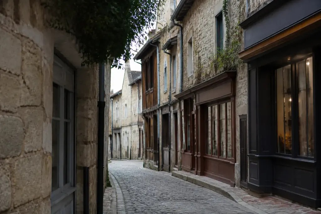 Rue pavee avec facades anciennes et petits commerces