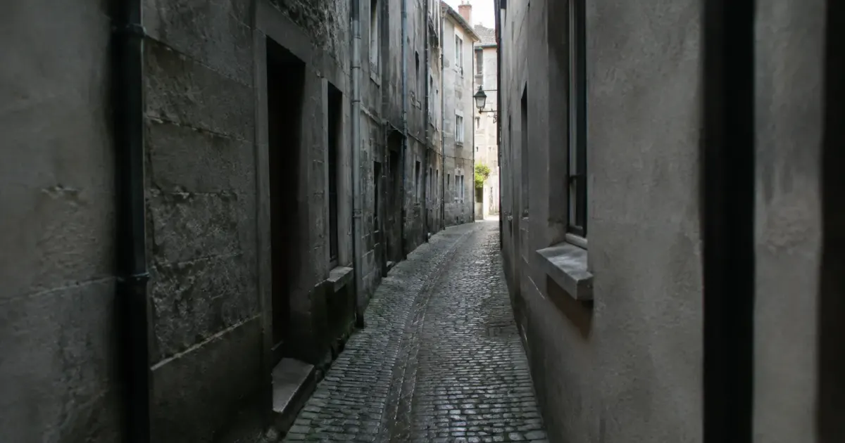 ruelle pavee etroite sombre bordee de facades grises