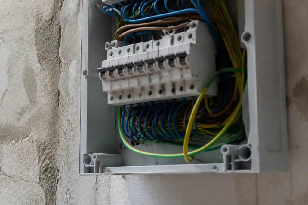 Tableau electrique gris avec disjoncteurs et cable vert jaune