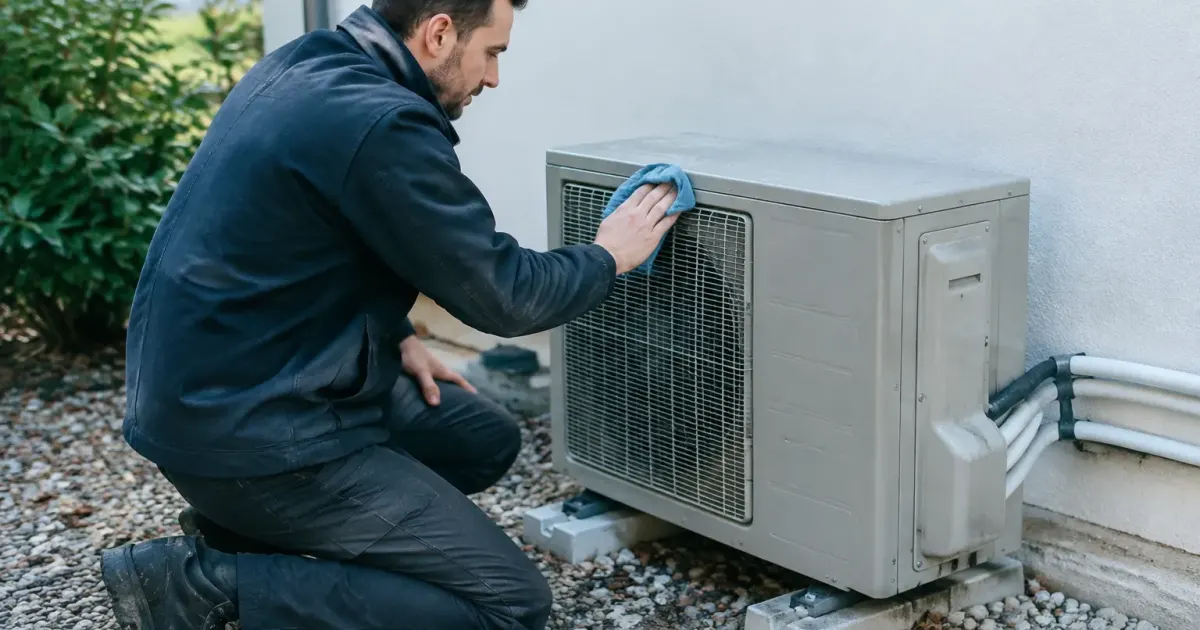 Technicien agenouille nettoie unite exterieure grise contre mur blanc