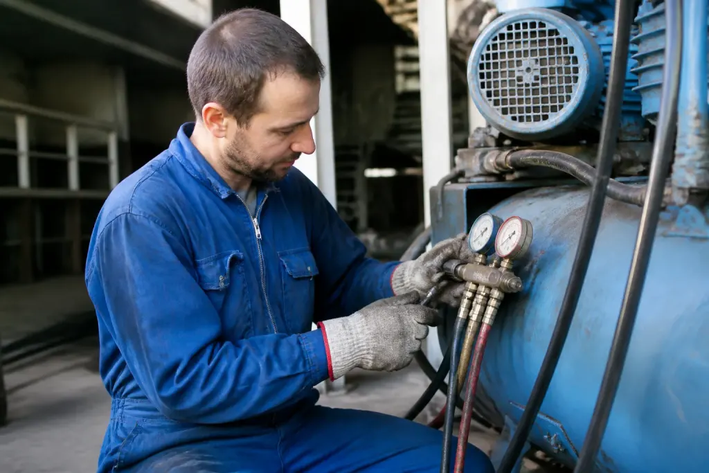 Technicien en bleu de travail raccordant jauges au compresseur