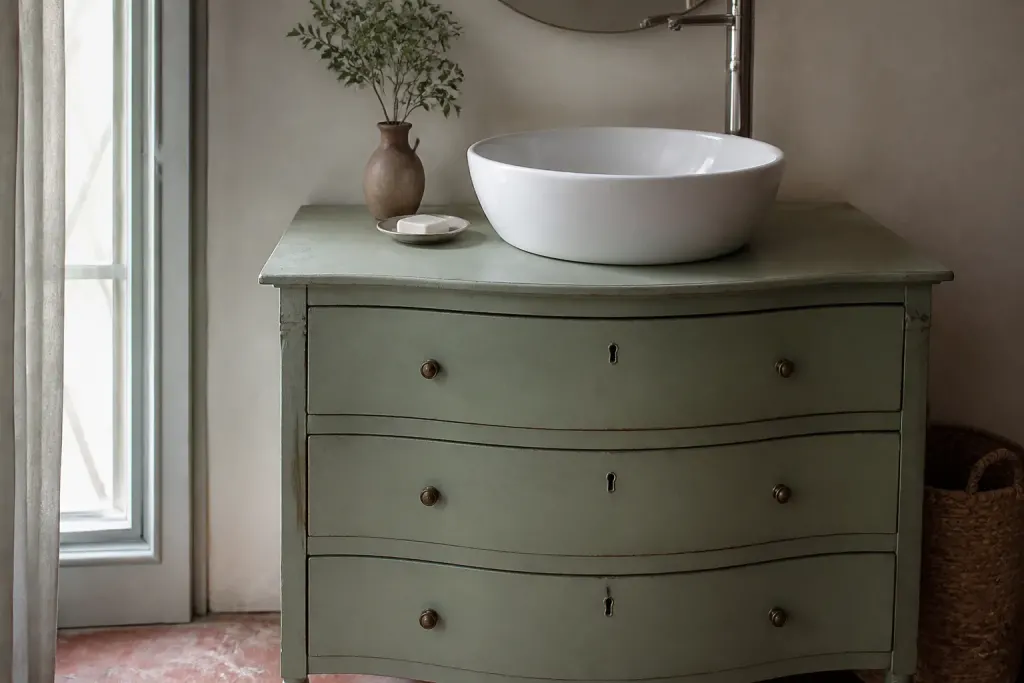 Vieille commode peinte en vert sauge avec vasque blanche