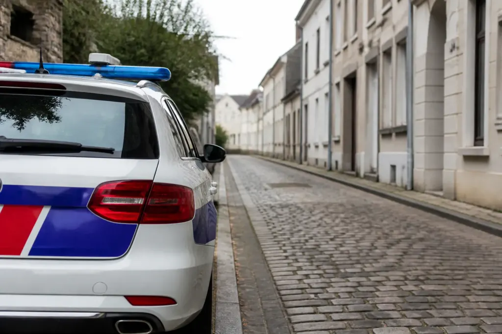 Voiture de police garee devant une rue pavee